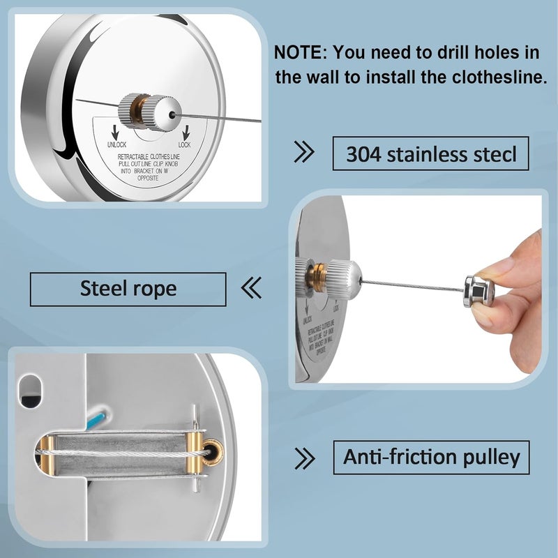 Clatoon Retractable Clothesline 9.0 Feets, 304 Stainless Steel Clothes Line Dryer with Heavy Duty Adjustable Stainless Steel Rope String for Hanging Drying Bathroom, Laundry, Hotel, Indoor & Outdoor - Image 2